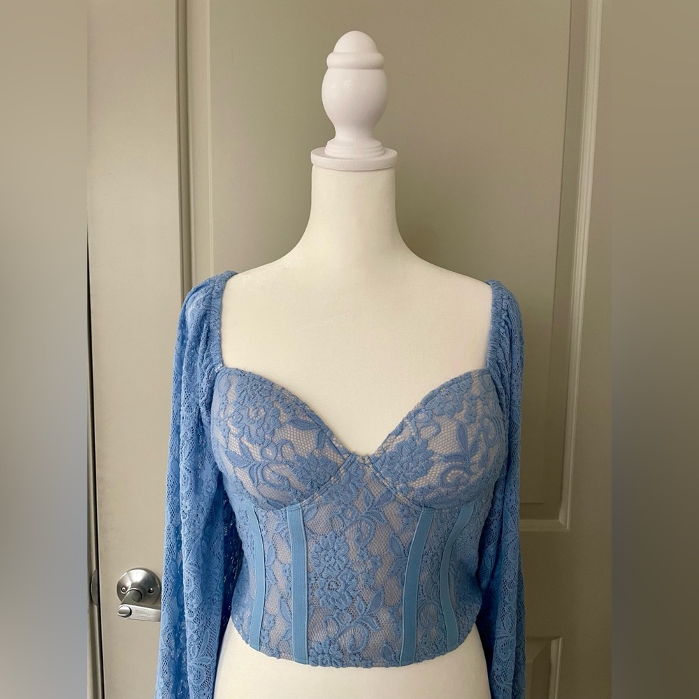 Mi Ami Blue Lace Corset Top with Floral Detailing